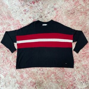 Hollister Charcoal Gray Red and White Strip Knit Sweater Size S